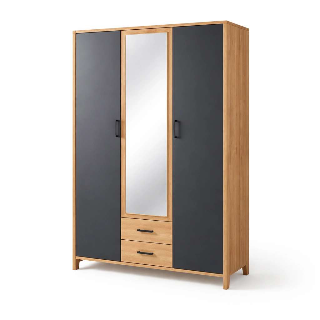 Kleiderschrank mit Spiegel und Schubladen Dunkelgrau-kenvorio